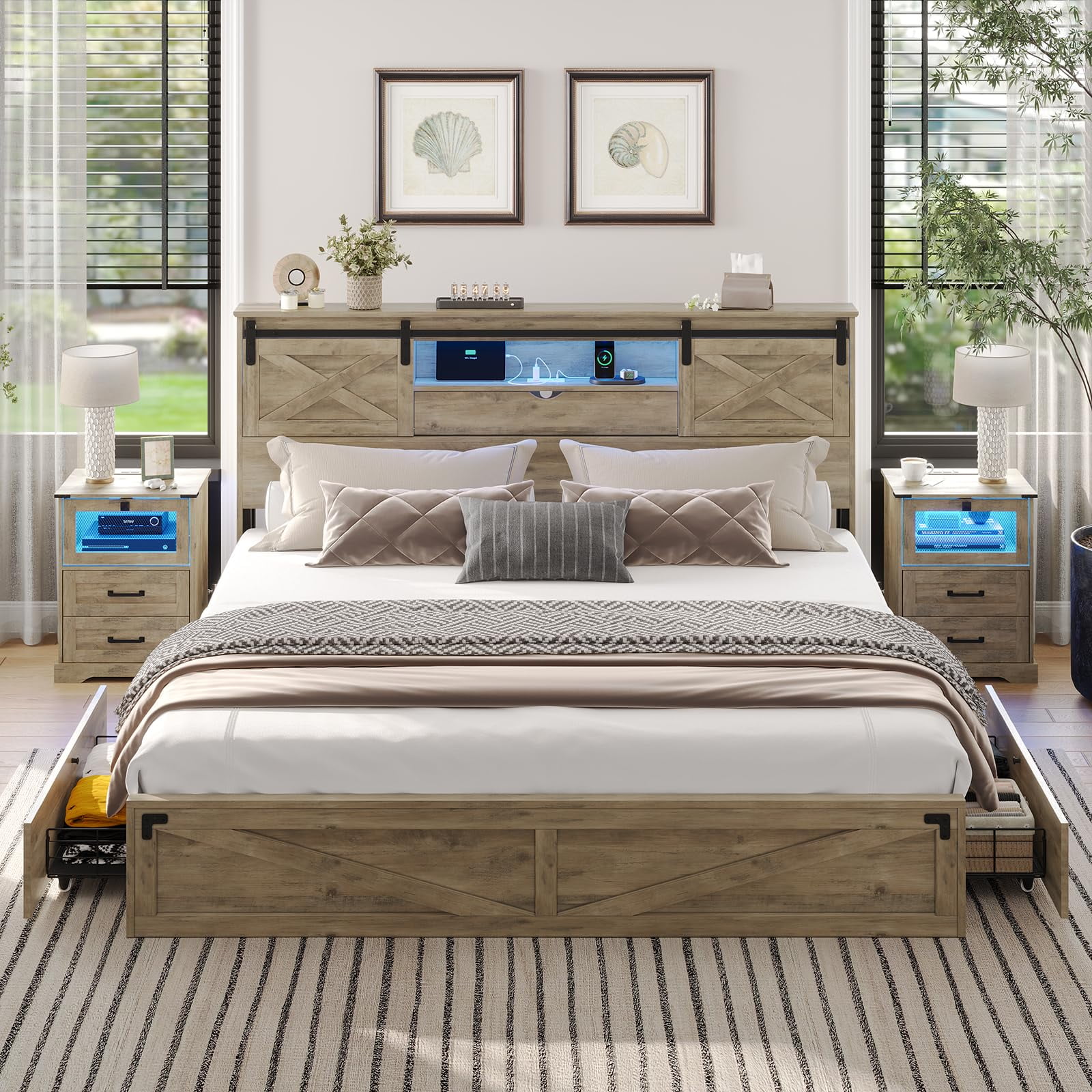 Farmhouse King Size Bed Frame with LED Lights, Charging Station, Wooden King Bed with Storage Bookcase Headboard, 2 Drawers, Country Rustic Bed Frame with Sliding Barn Door,Gray