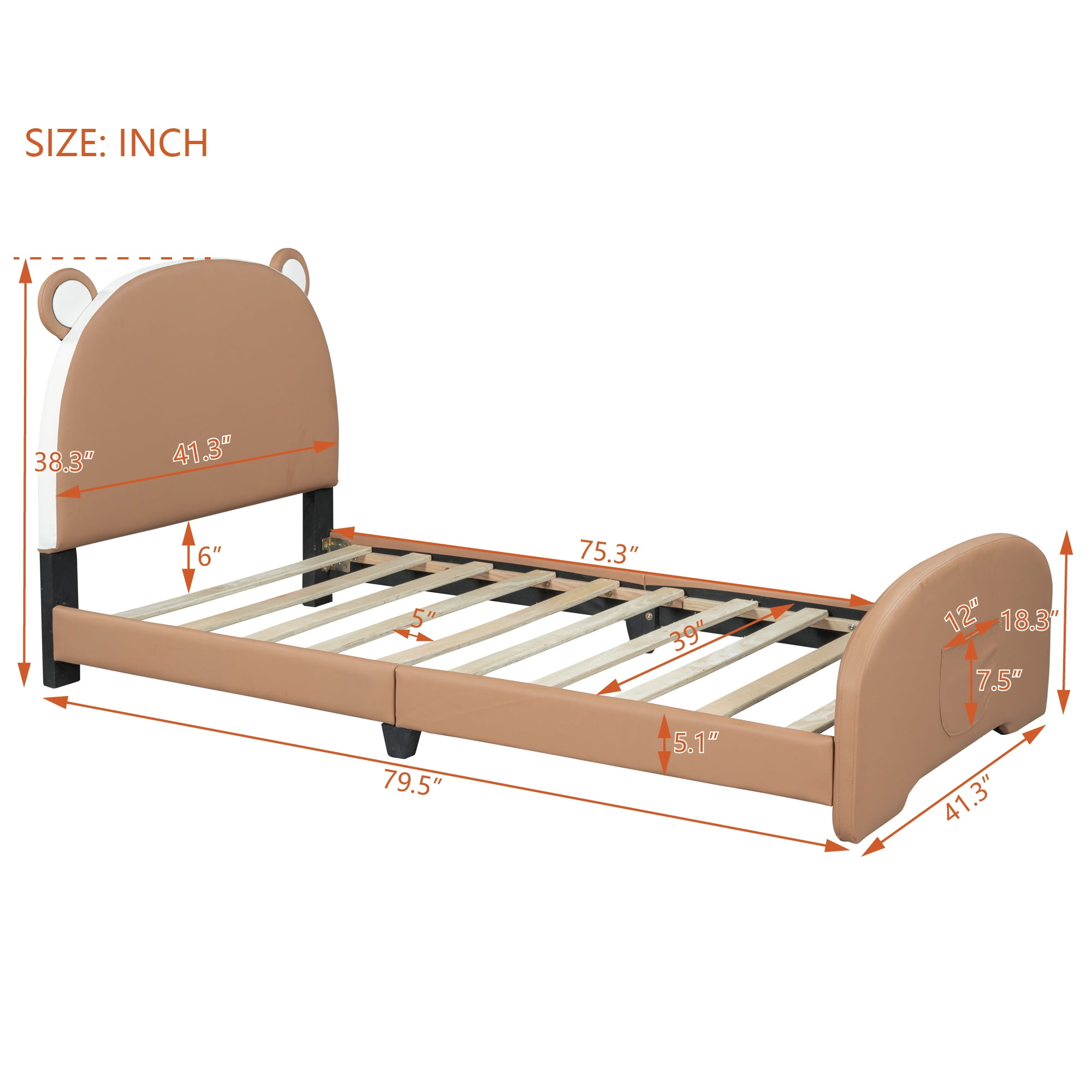 Aukfa Cartoon Animal Kids Twin PU Leather Standard Beds, Brown