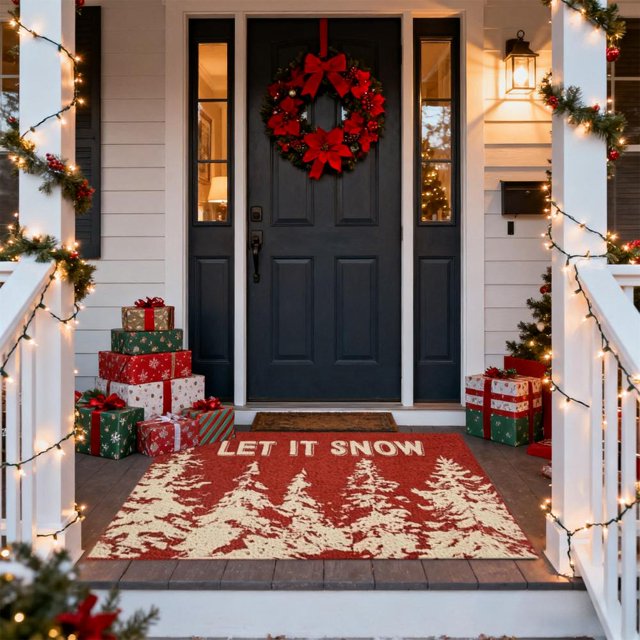 Feltree Christmas Welcome Mat, Let It Snow Christmas Tree Design Non-Slip Holiday Doormat for Entryway, Front Door, Porch - 24x16 Inch Festive Decor Rug