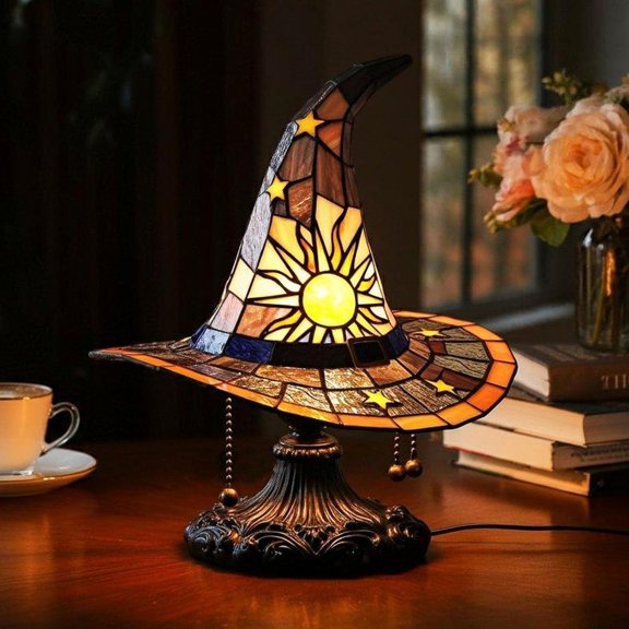 Halloween Witch Hat LED Night Light, Witchy Tabletop Decor Lamp, Indoor Halloween Decorations for Shelf, Mantel & Side Table, Vintage Gothic Home Ornament, Yellow