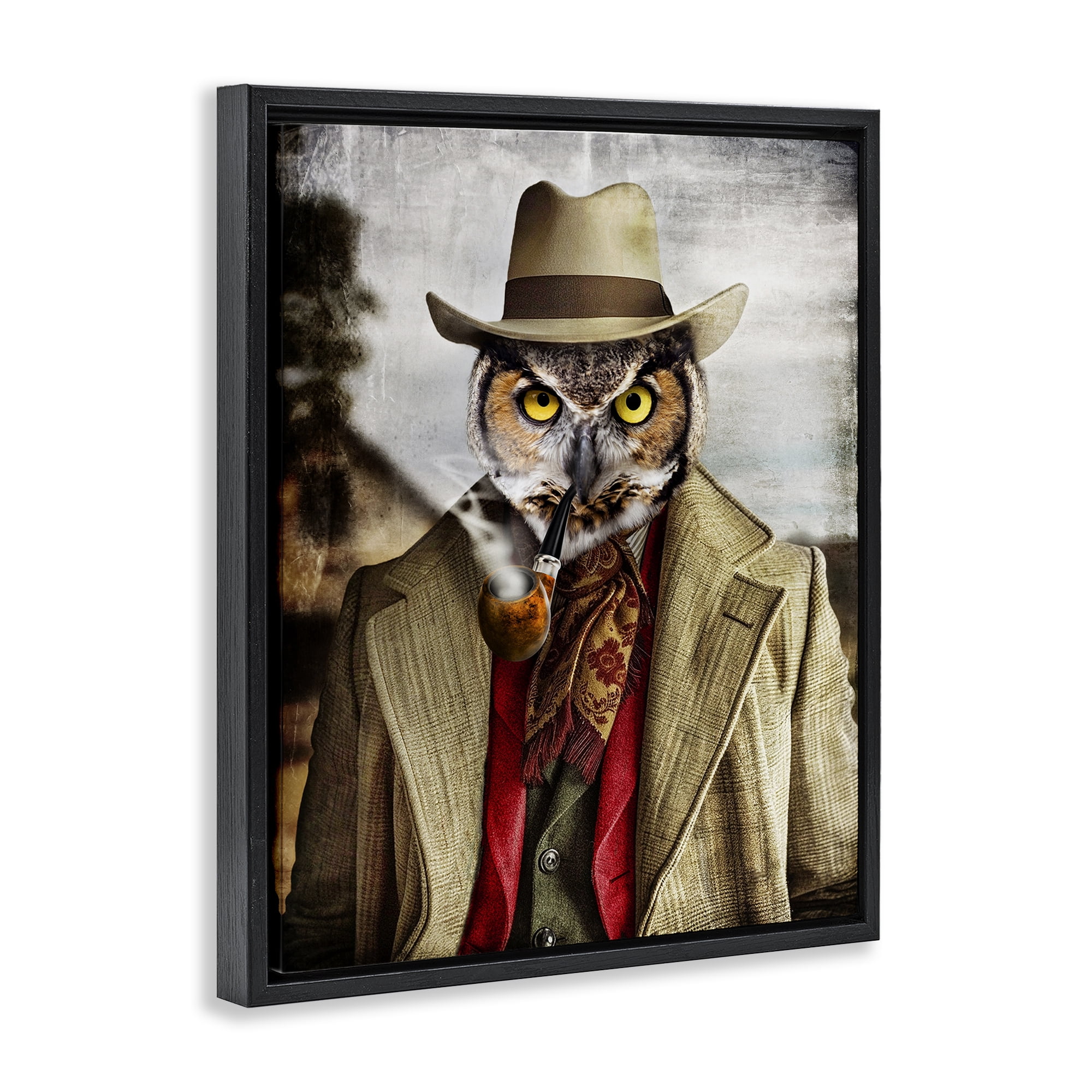 Stupell Industries Owl with Classic Pipe Animals & Insects Painting Black Floater Framed Canvas Art Print Wall Art, 17 x 21
