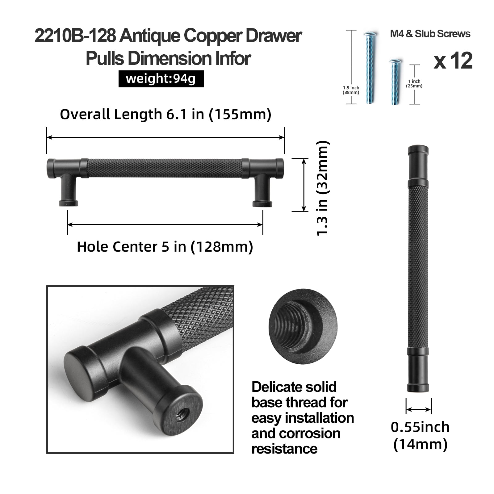 Goo-Ki 5"(128mm) Hole Center Knurled Matte Black Kitchen Cabinet Handles, Closet Classic Zinc Alloy Cabinet Pulls Dresser Handles for Bedroom, 6 Pack