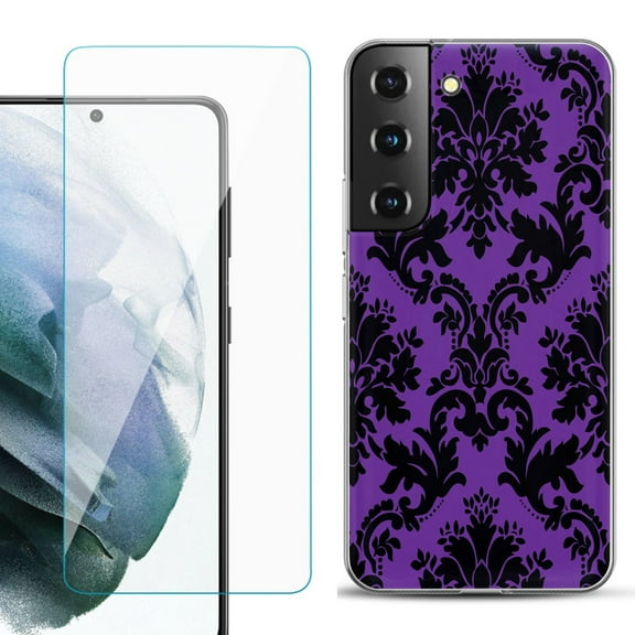 Slim-Fit TPU Fashion Phone Case for Samsung Galaxy S22 5G, with Tempered Glass Screen Protector, by OneToughShield ® - Victorian Purple/Black