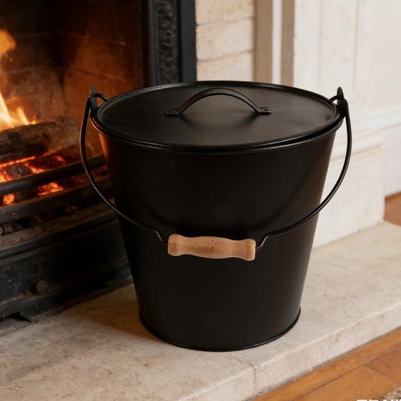 LOLIPPYY Black Fireproof Metal Ash Bucket with Wooden Handle, Indoor Fireplace Accessory