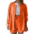thumbnail image 2 of Kinrui Linen Sets for Women 2 Piece Outfits Long Sleeve Button Down Shirts & Drawstring Gauze Shorts Orange S, 2 of 5