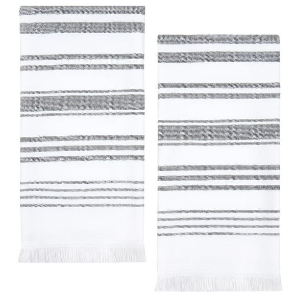 Turkish hand towels set of 2, 100% cotton bathroom towels, soft and absorbent, decorative white and gray striped, 28x16 inches, grey