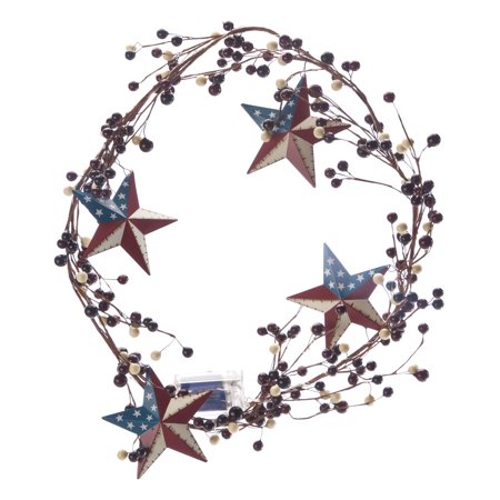 Star And Berry Garland Lighted American Barn Star Berry Garland - Battery Operated LED - 53 in Long - Indoor/Outdoor Use – Patriotic Décor for Entryway, Bookshelf, Mantle or Front Porch ()