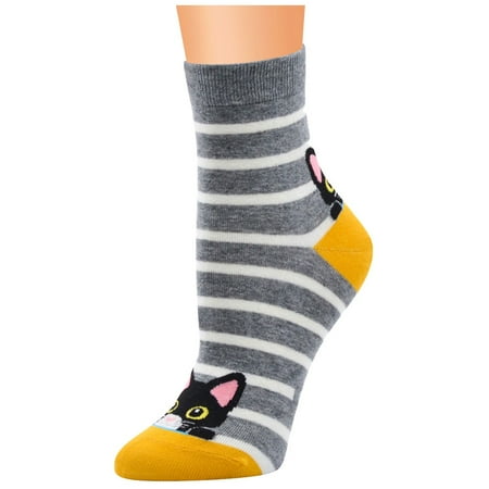 

MRULIC socks for women Lady Fashion Women Girls Stripe Cat Cotton Middle Tube Socks Stockings Grey + One size