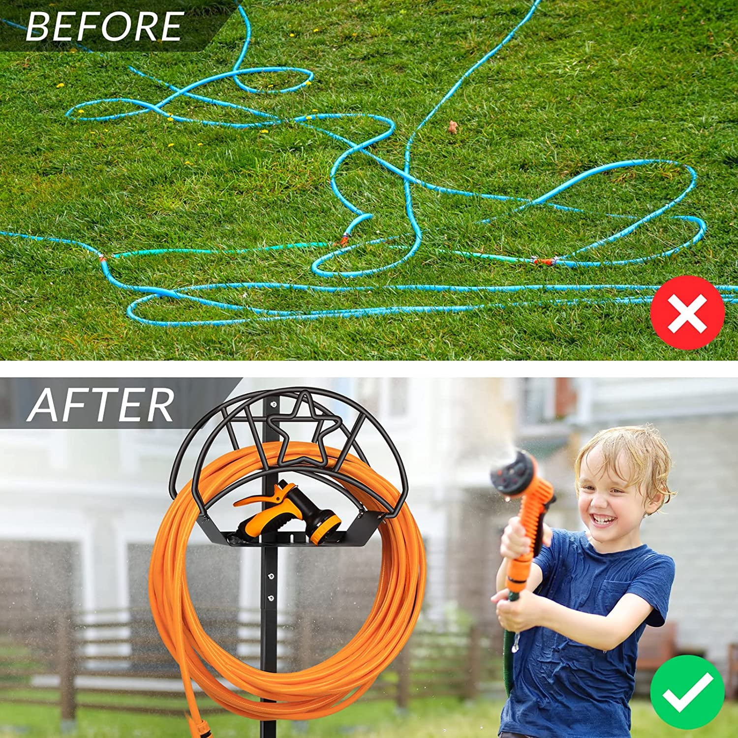 Walensee Garden Hose Holder Detachable Freestanding Water Hose Hanger,Outside Heavy Duty Metal Hose Storage Hose Stand Decorative Hose Reel Rack for Yard,Lawn,Black