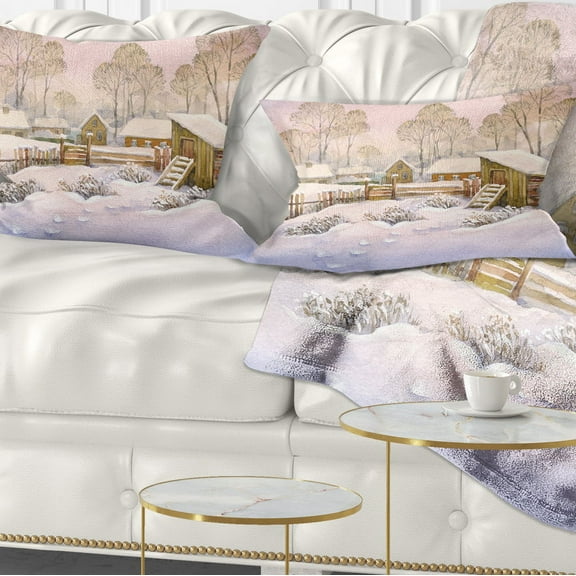 Designart Old Winter Village - Landscape Watercolor Throw Pillow - 12x20