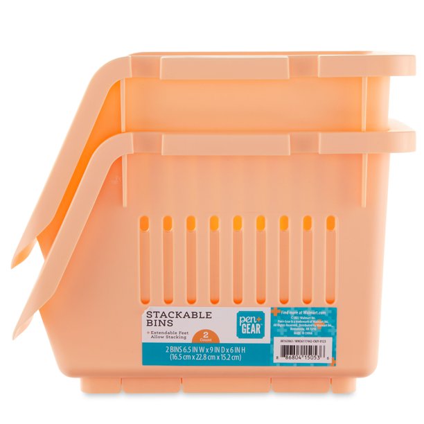 Pen + Gear Stackable Polypropylene, Plastic Storage Bins, Peach, 2