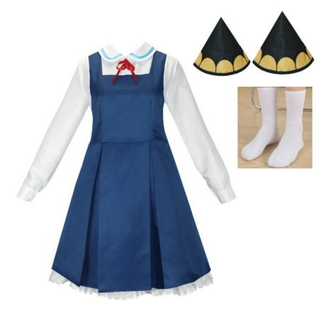 

Women Cosplay Dress Set Long Sleeve Doll Collar Anime Elements Patchwork One-Piece with Headwear Stockings