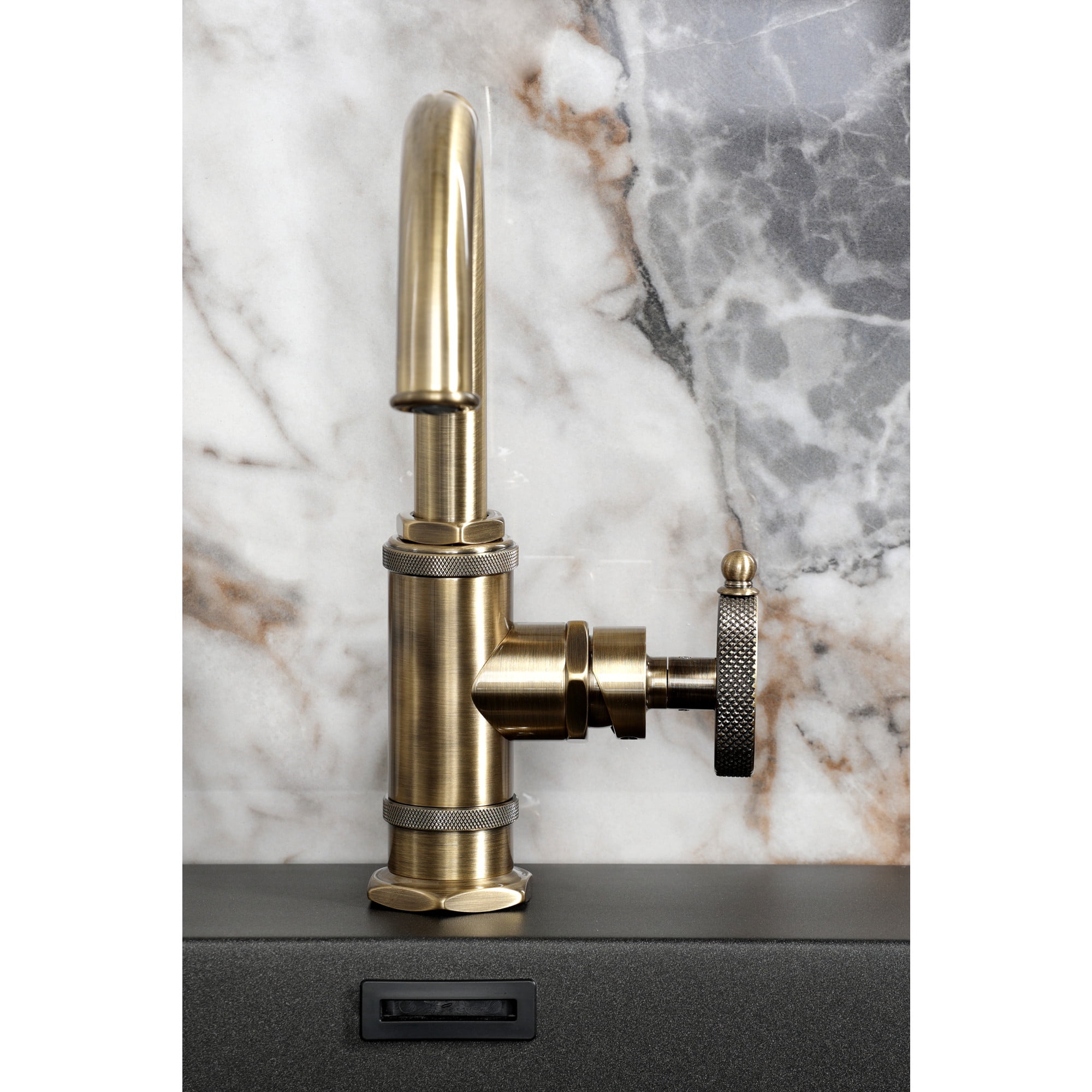 Kingston Brass KSD2213RKX Webb One-Handle 1-Hole Bathroom Faucet with Knurled Handle, Deck Plate, and Push Pop-Up Drain in Antique Brass