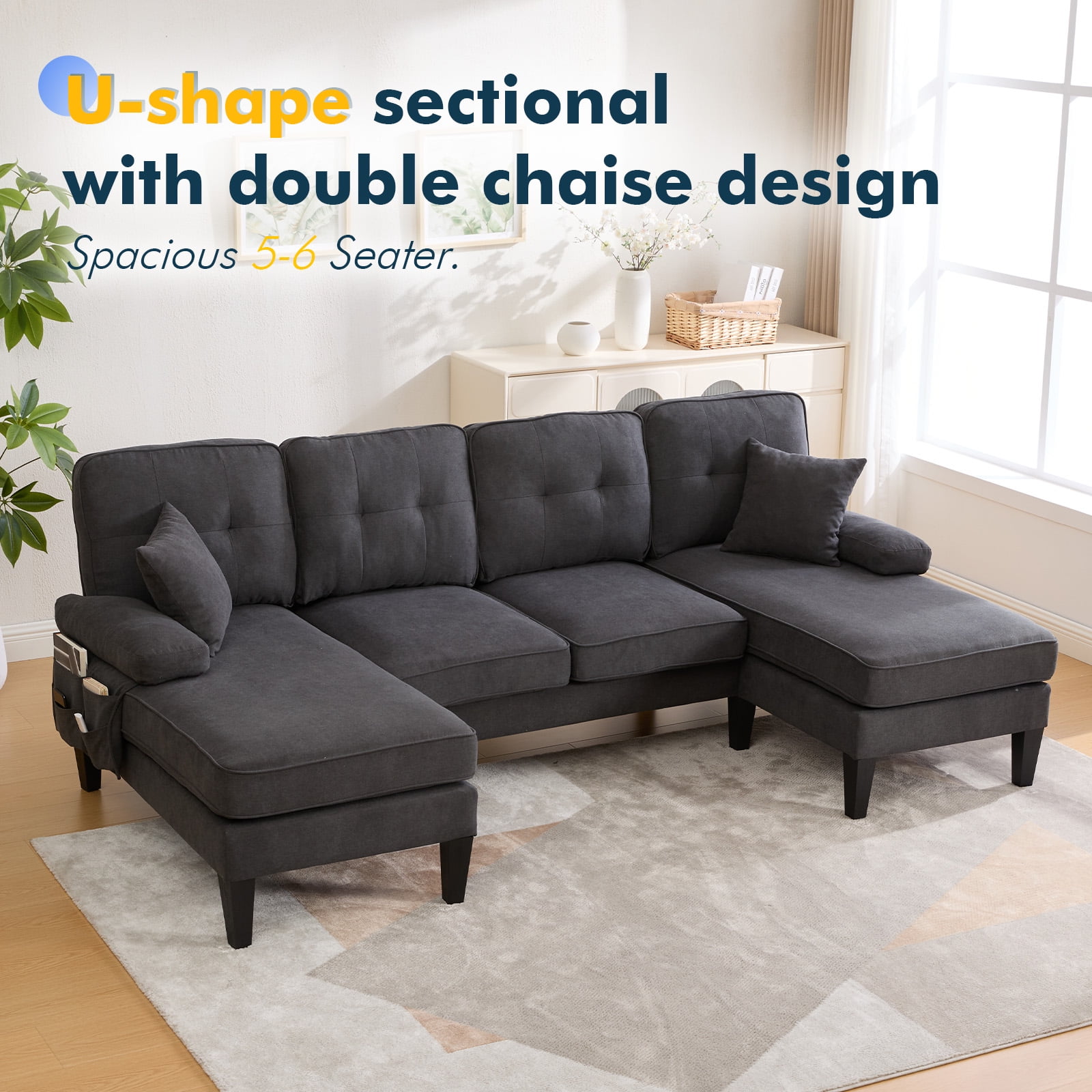 MOONMISS U-Shaped Sectional Sofa, 4 Seater Sectional Couch with Chaise, Modular Sleeper Sectionals for Living Room-Dark Grey