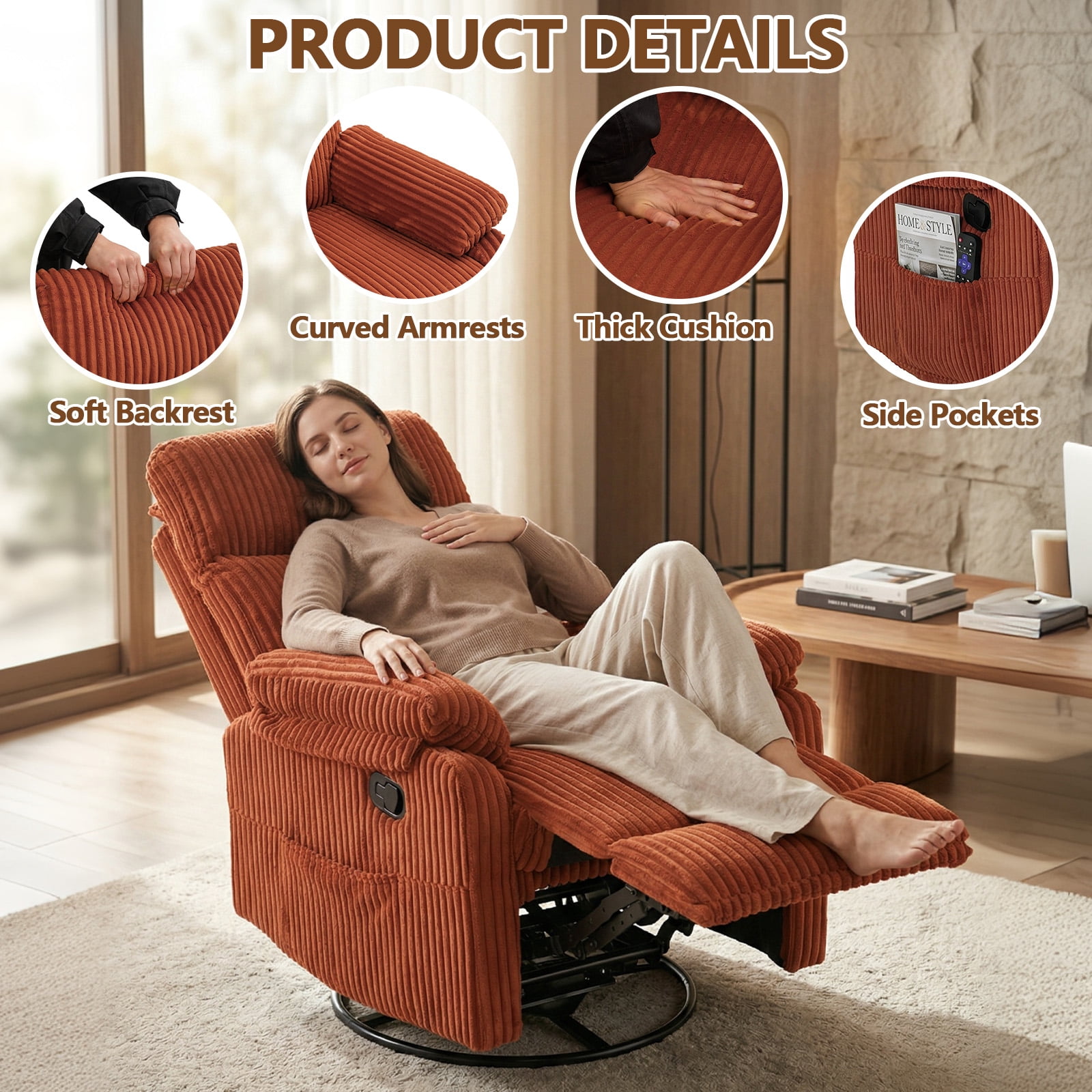 Leumius Swivel Recliner Chair,360° Swivel Rocker Chair for Living Room,Upholstered Nursery Glider Recliner Chair for Small Spaces,Manual Recliner for Adults for Home Theater,Orange