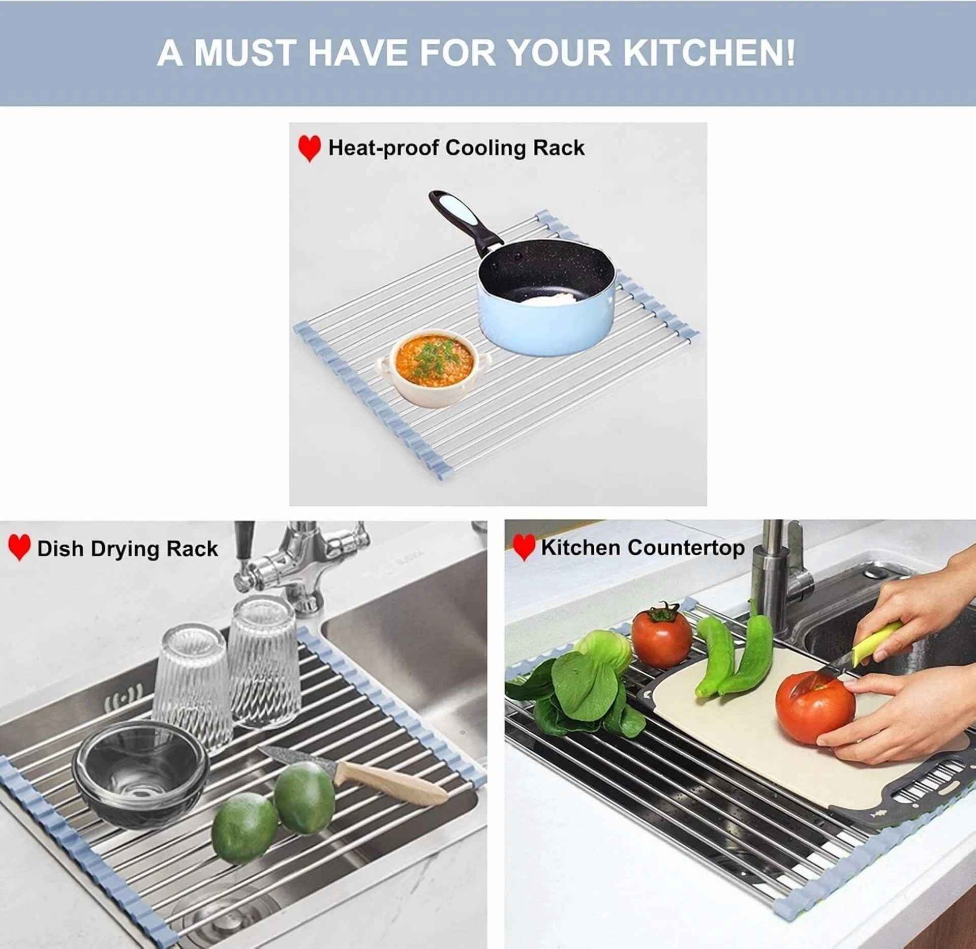 PRIME - Over The Sink Dish Drying Rack,Roll Up Dish Drying Kitchen Rack Stainless Steel