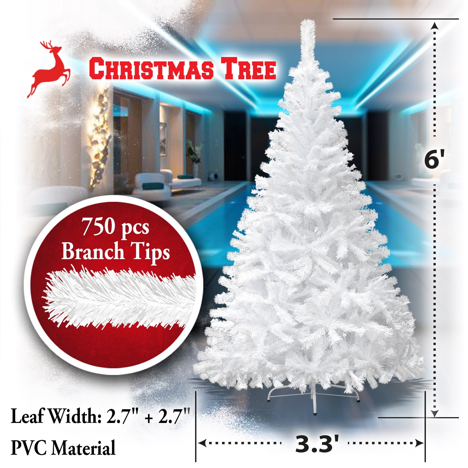 Sunrise 4 Sizes Artificial Christmas Tree w/Metal Stand,Easy Assembly, White (6 Ft)