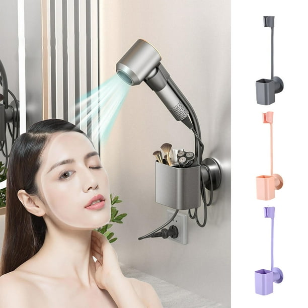 Soporte para secador de pelo montado en la pared con cuello de gallina flexible - Soporte para secador manos libres para organización del baño, giro de 360° y colgador de cable