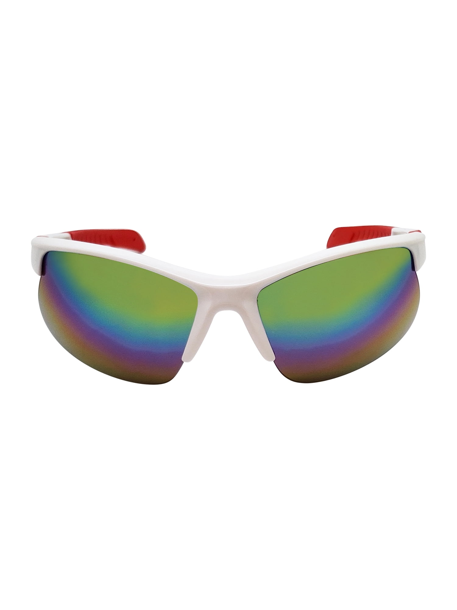 Mens Plastic Sports Wrap Semi Rim Sunglasses with White Frames and Rainbow Mirrored Lenses