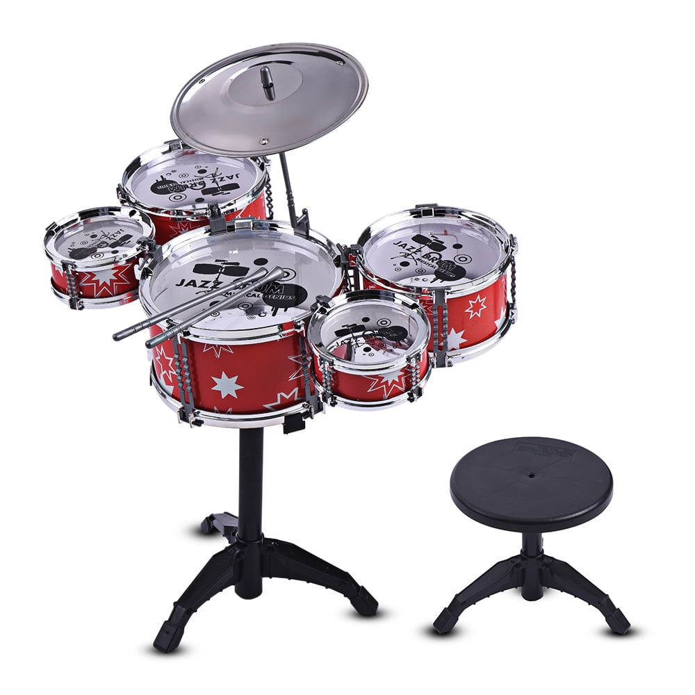 6 Pieces Kids Jazz Drum Set 2 Drumsticks Stool Kit Red Cymbal 5 Drums 