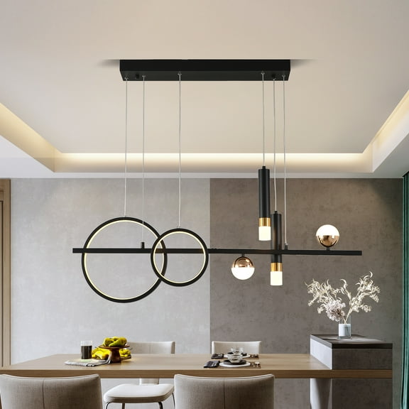 Ganeed Modern Black Gold Chandeliers for Dining Room, Dimmable LED Chandelier Linear Pendant Light for Kitchen Island, 39in Globe Haning Pendant Chandelier Lighitng with Remote (2 Rings, 2700lm)
