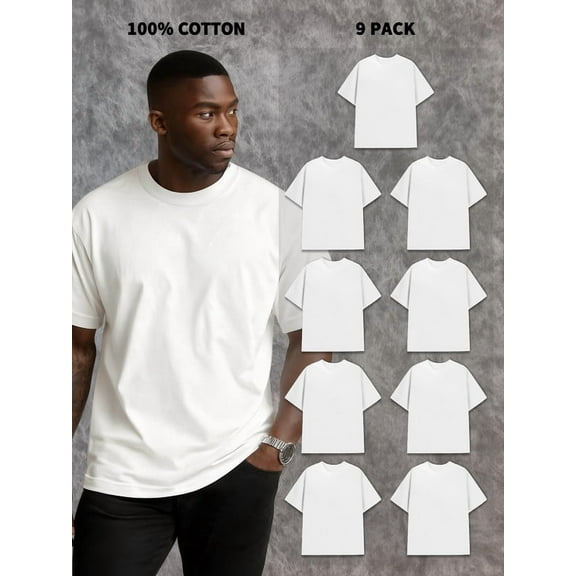 9-Pack Men's 100% Cotton Crew Neck Tees - 180g, Shrink-Resistant, Cost-Effective, White