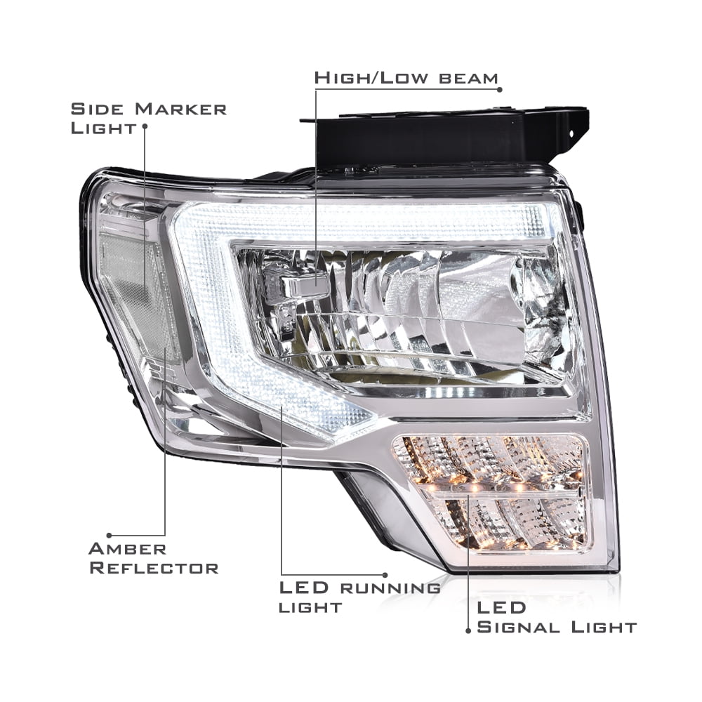 PIT66 LED DRL Projector Headlights Chrome/Clear Fit for Ford F150 F-150 Truck 2009-2014
