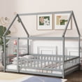 thumbnail image 2 of Jopath Full Size House Floor Wooden Bed with Roof Frame, Safety Guardrails for Boys Girls Grey, 2 of 9