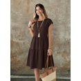 thumbnail image 4 of Womens Chocolate Brown Boho Midi Dress, Short Sleeve Round Neck Linen-Like, 4 of 7