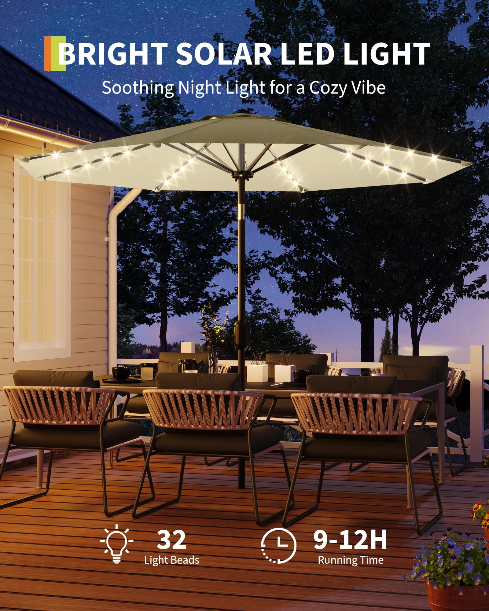 9 Ft Patio Umbrella with Solar Lights, Outdoor Table Umbrella with 32 LED Lights & Tilt Crank, 8 Ribs Market Umbrella for Pool, Deck, Backyard