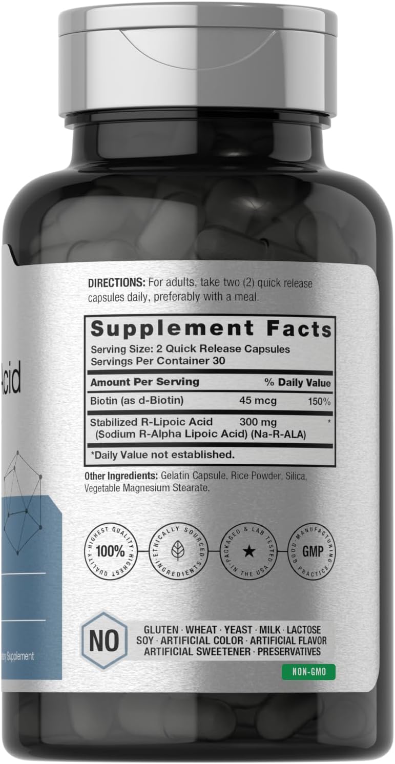 R Lipoic Acid 300mg Stabilized | 60 Capsules | Plus Biotin Optimizer | by Horbaach