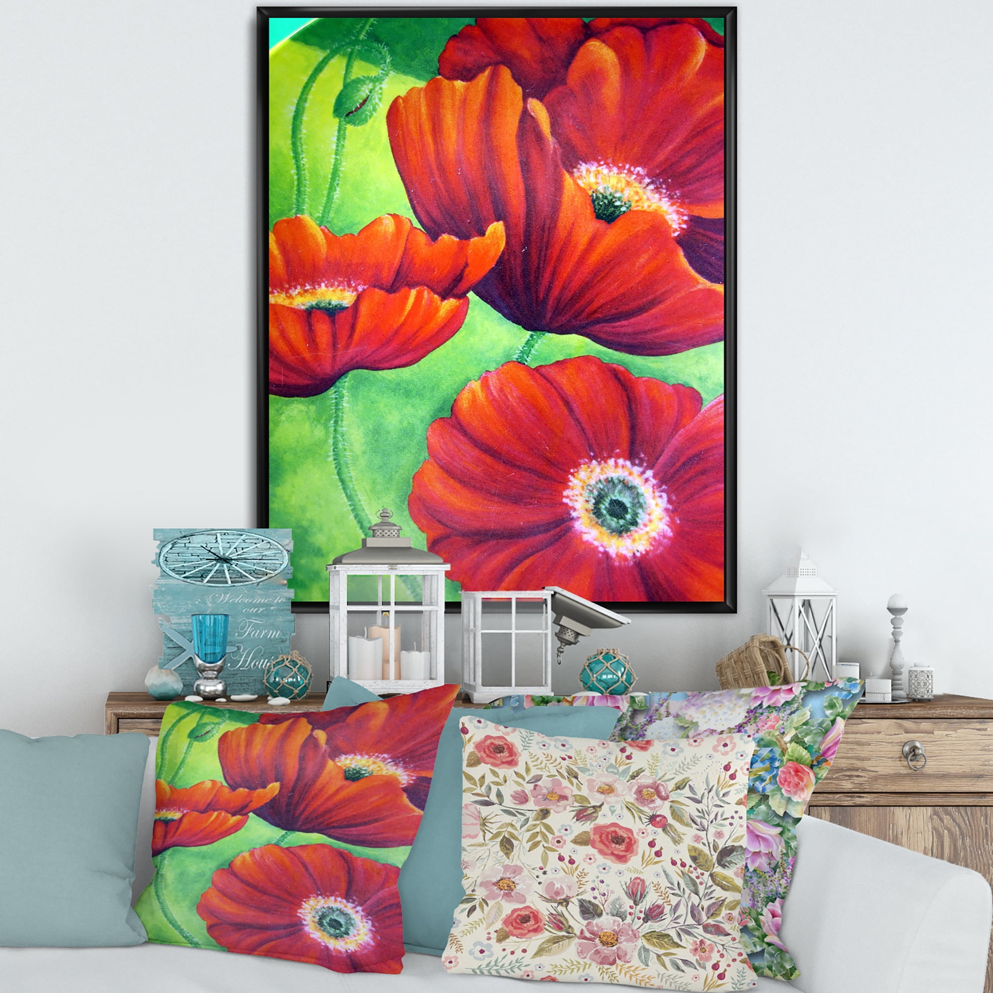 Designart 'Red Blossoming Poppies Over Wild Green V' Traditional Framed Canvas Wall Art Print