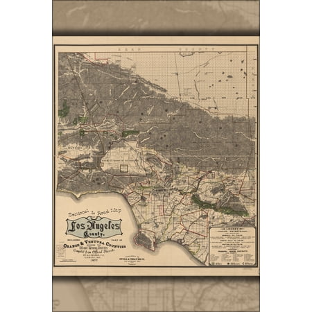 24 x36 Gallery Poster road map of Los Angeles County 1900