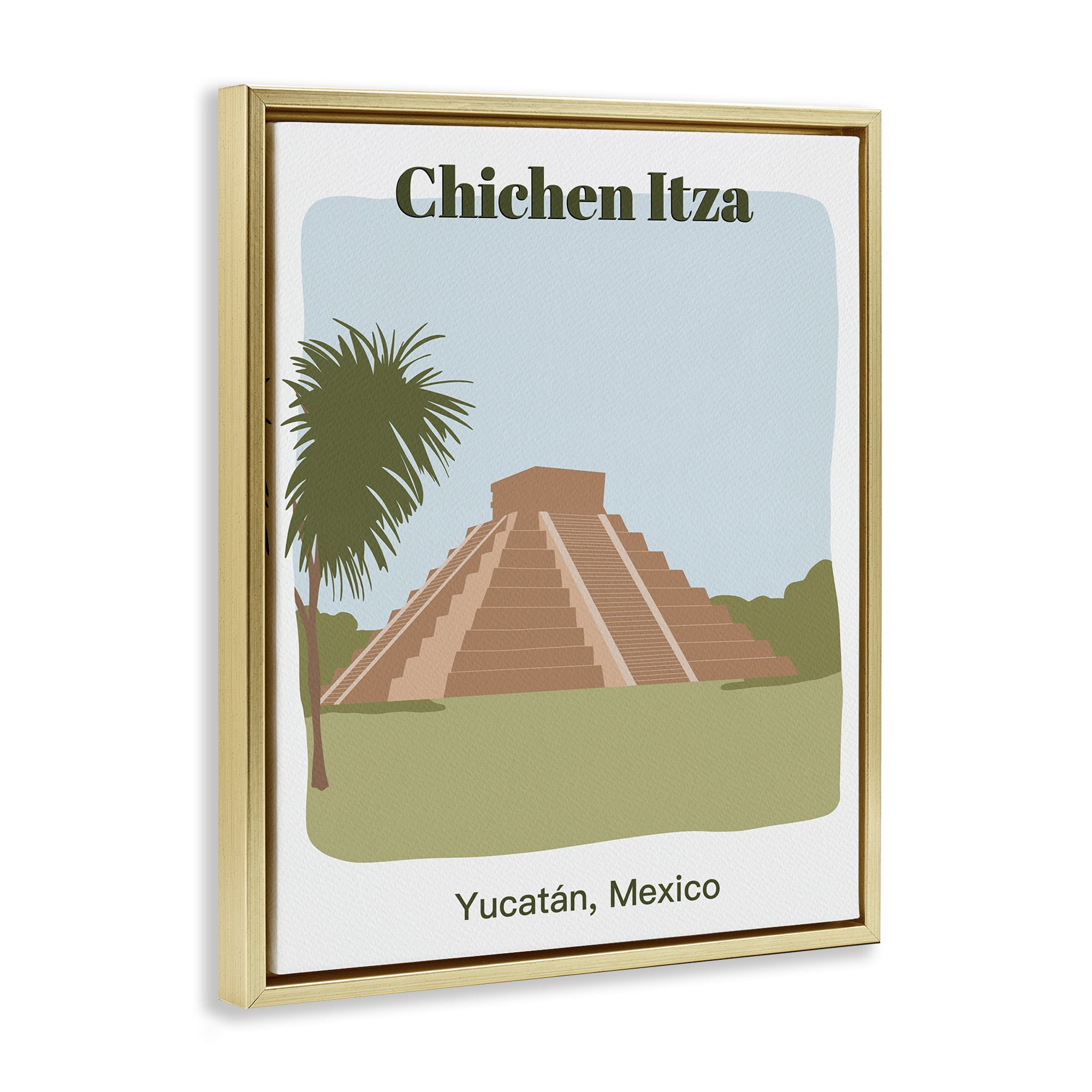 Stupell Industries Chichen Itza Architecture Town & City Painting Gold Floater Framed Art Print Wall Art, 17 x 21