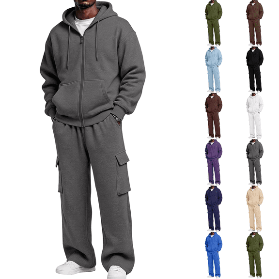 Men Pullover Hoodie Cargo Sweatsuit Set Soft Fleece Tracksuit Wide Leg Jogger Outfit 2026 Fall Winter Relaxed Set Gray L