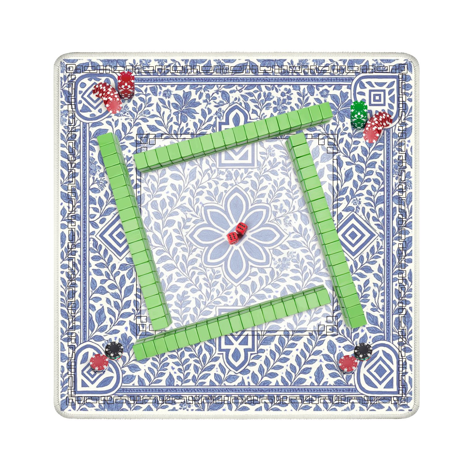 Mahjong Mat 31.5" x 31.5" Blue Floral Geometric Shapes Decorative Details Anti-Slip and Noise Reduction Symmetry Design Mahjong Tiles Table Cover for Dominoes Poker Card Board and Tile Games