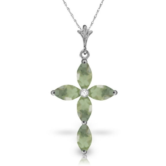 Galaxy Gold GG 14K White Gold Natural Diamonds and Green Amethyst Cross Pendant Necklace - Renewal & Love - 16" to 24" - Fine Jewelry for Women