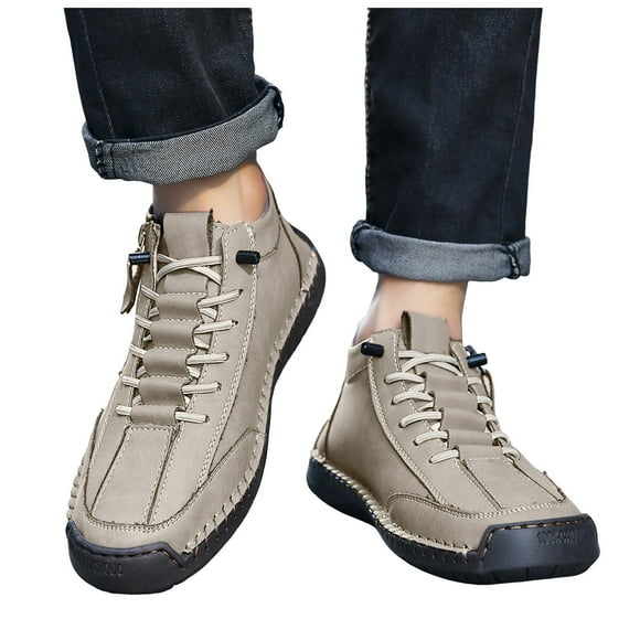 Leozcaa Men's Sneakers Casual High Top Ankle Boots Comfort Leather Outdoor Walking Booties Flat Shoes
