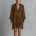 thumbnail image 7 of BLTIBY Womens Suede Mini Dress Spring Long Puff Sleeve Deep V Neck Lapel Fringe Hem Loose Dresses Retro Western Party Casual Dress Brown XL, 7 of 7