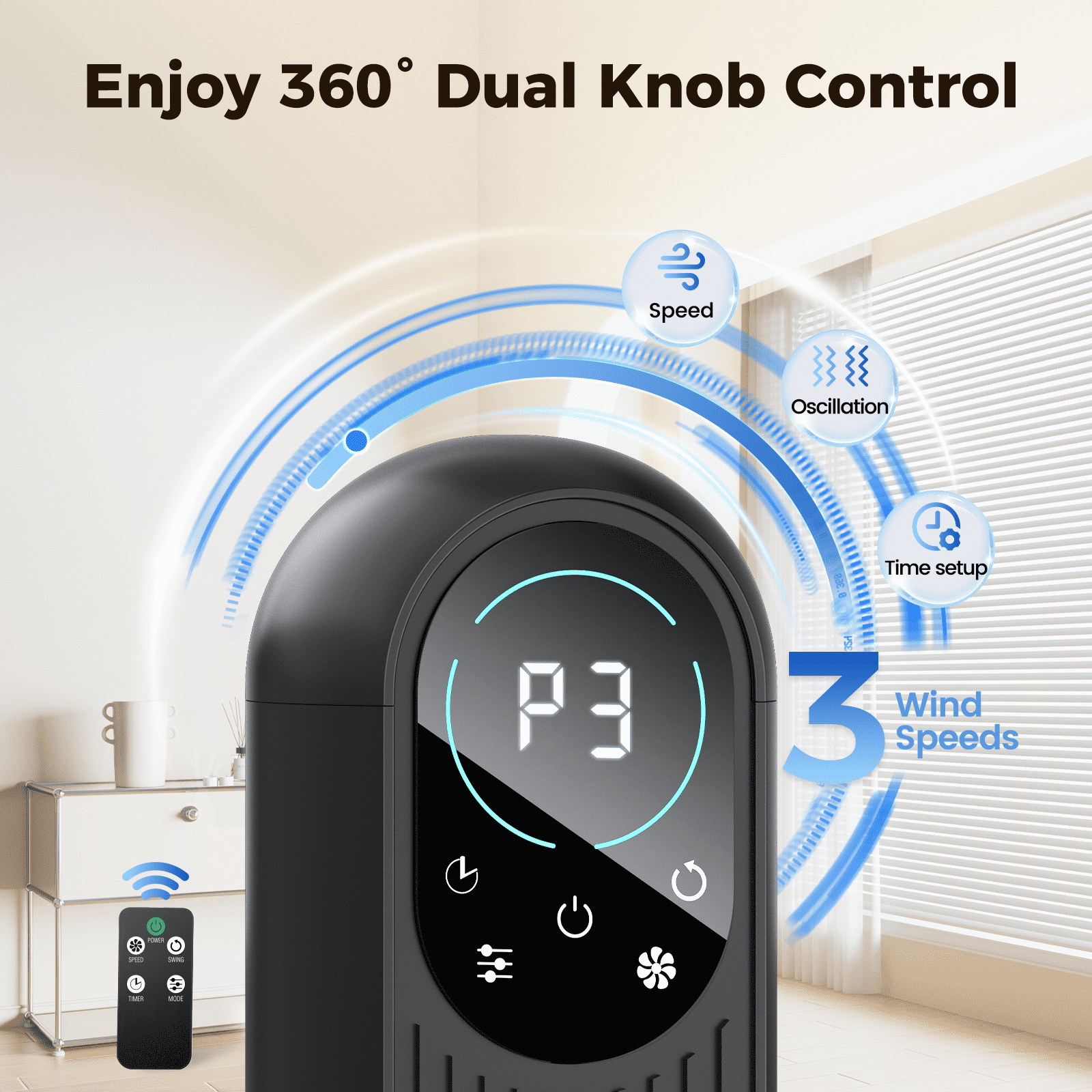 Tower Fan For Home with Remote, 31" Bladeless Floor Fans for Home, 4 Modes & 4 Speeds, 12H Timer, LED Display, Wide Oscillating Wide Cooling for Bedroom, Office