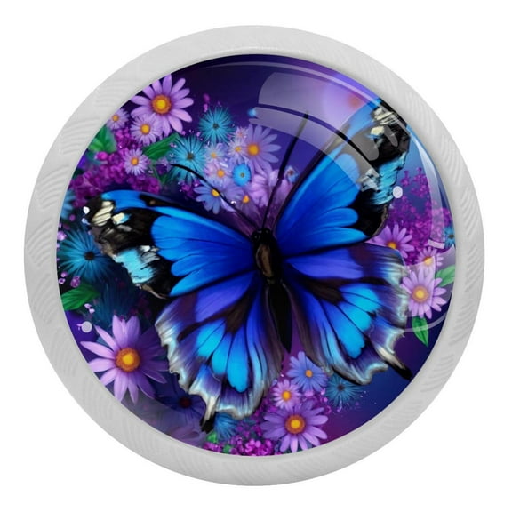 PhooArto Blue Butterfly Daisy Flowers Painting 4 PCS Crystal Glass Cabinet Knobs, Drawer Kitchen Cabinets Dresser Cupboard Wardrobe Pulls Handle - Glowing in the Dark