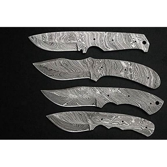 4 pieces set of 8", 7.5" and 6.5" long hand forged Damascus steel blank blade skinning knife set, 3 to 4 inches cutting edge, compact pocket knife blanks, knife making supplies