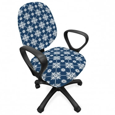 Blue Office Chair Slipcover, Checkered Pattern with Abstract Spring Blossoms Folkloric Holland Cultural Pattern, Protective Stretch Decorative Fabric Cover, Standard Size, Blue White, by Ambesonne