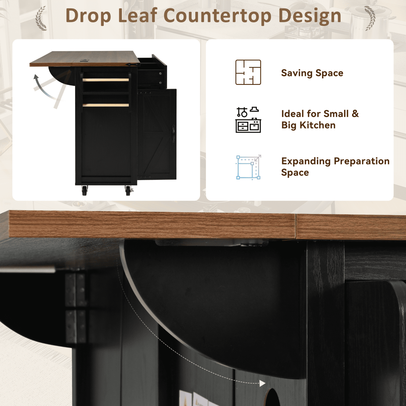 Kitchen Island with Drop Leaf and Power Outlets, Portable Rolling Kitchen Cart  with Large Storage Cabinets & Adjustable Shelf, 47.2'' Island Table with Spice Rack & Towel Rack, Black
