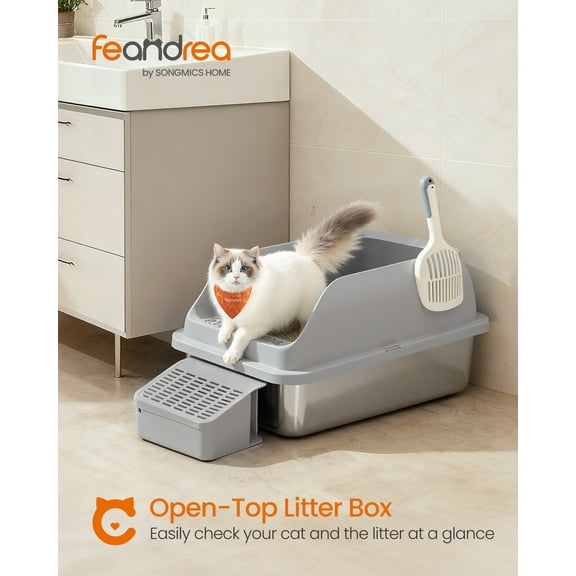 Stainless Steel Cat Litter Box, High-Sided Open Top Litter Tray with Step & Scoop, for Cats up to 33 lb, Slate Gray