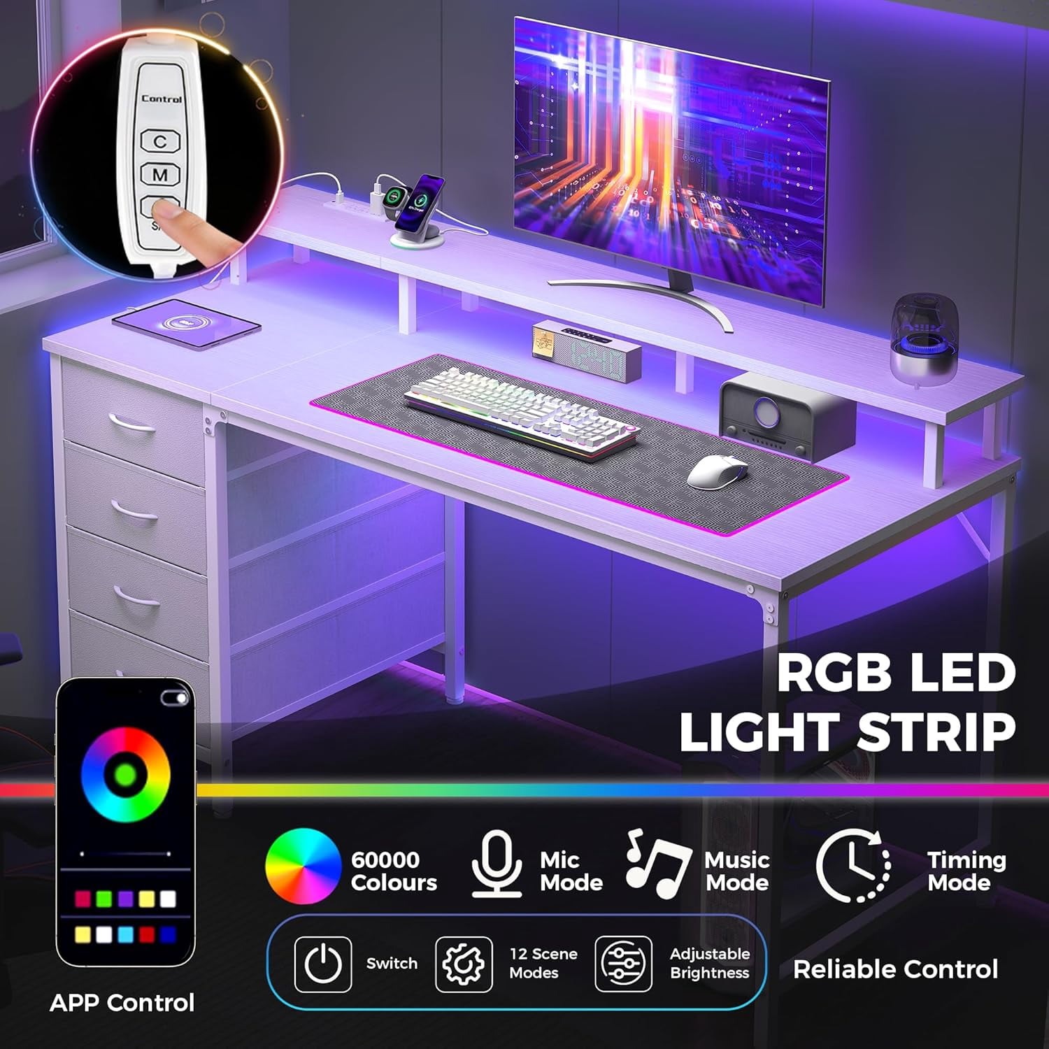 CONCETTA 40 Inch Computer Gaming Desk with 4 Drawers, Power Outlets and LED Lights for Home Small Spaces, White