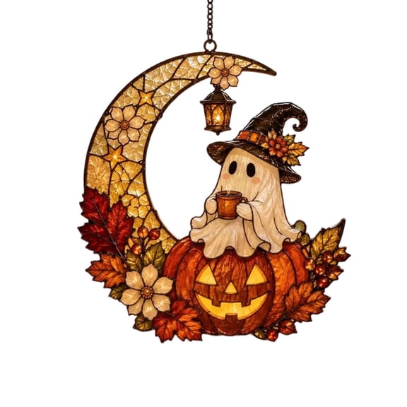 2026 Halloween Ghost Pumpkin Acrylic Suncatcher, 20cm Moon Maple Leaf Window Hanging Ornament, Cute Spooky Fall Home Porch Wall Decor