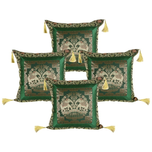 Stylo Culture Indian Brocade Decorative Throw Pillow Sham Covers Dark Green Gold 18x18 Jacquard Tassels Sofa Cushion Covers 45 x 45 cm Polydupion Silk Zippered Elephant Pillow Cases | Set Of 4