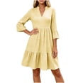 thumbnail image 3 of VBVC Women's Gingham V Neck 3/4 Sleeve Mini Dress , Ladies' Ruffle Bell Sleeve Casual A Line Dress , Summer Casual Tiered Plaid Dress For Women,Yellow,S-2XL, 3 of 6
