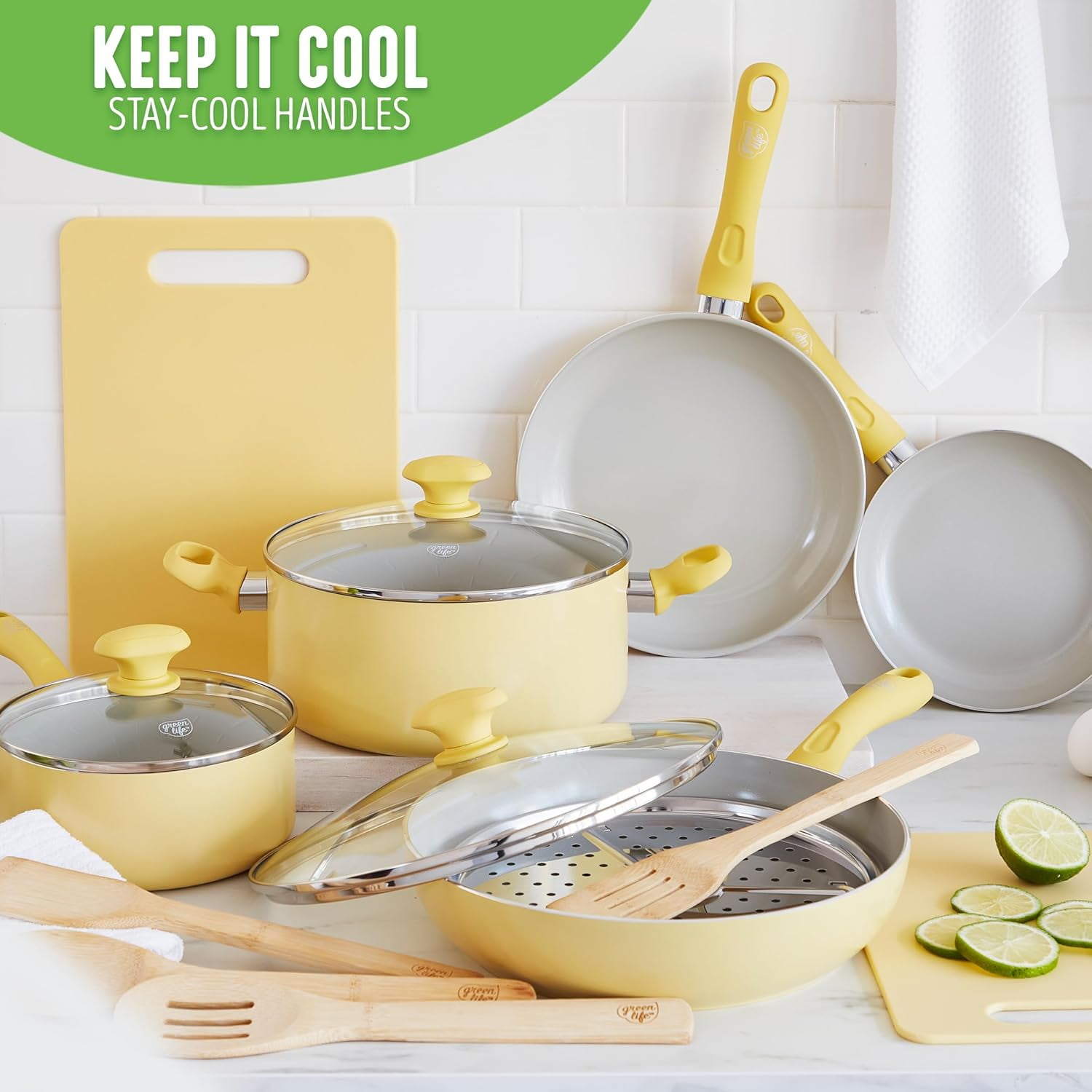 GreenLife 18-Piece Soft Grip Toxin-Free Healthy Ceramic Non-Stick Cookware  Set, Yellow, Dishwasher Safe